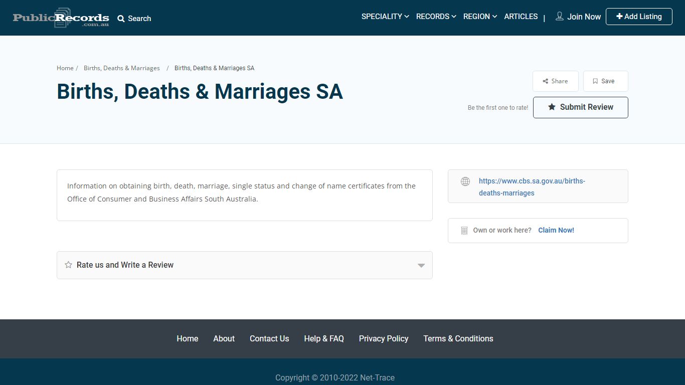 Births, Deaths & Marriages SA - Public Records