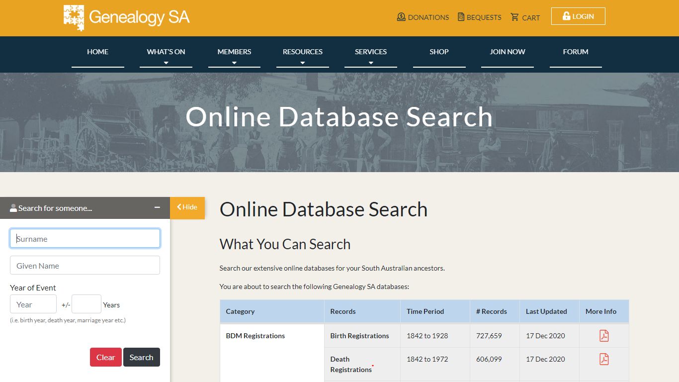 Online Database Search - Genealogy SA